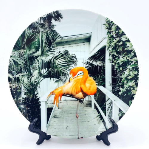 Flamingo Beach House - ceramic dinner plate by Uma Prabhakar Gokhale