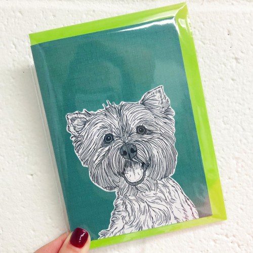 West Highland Terrier Dog Portrait ( teal background ) - funny greeting card by Adam Regester